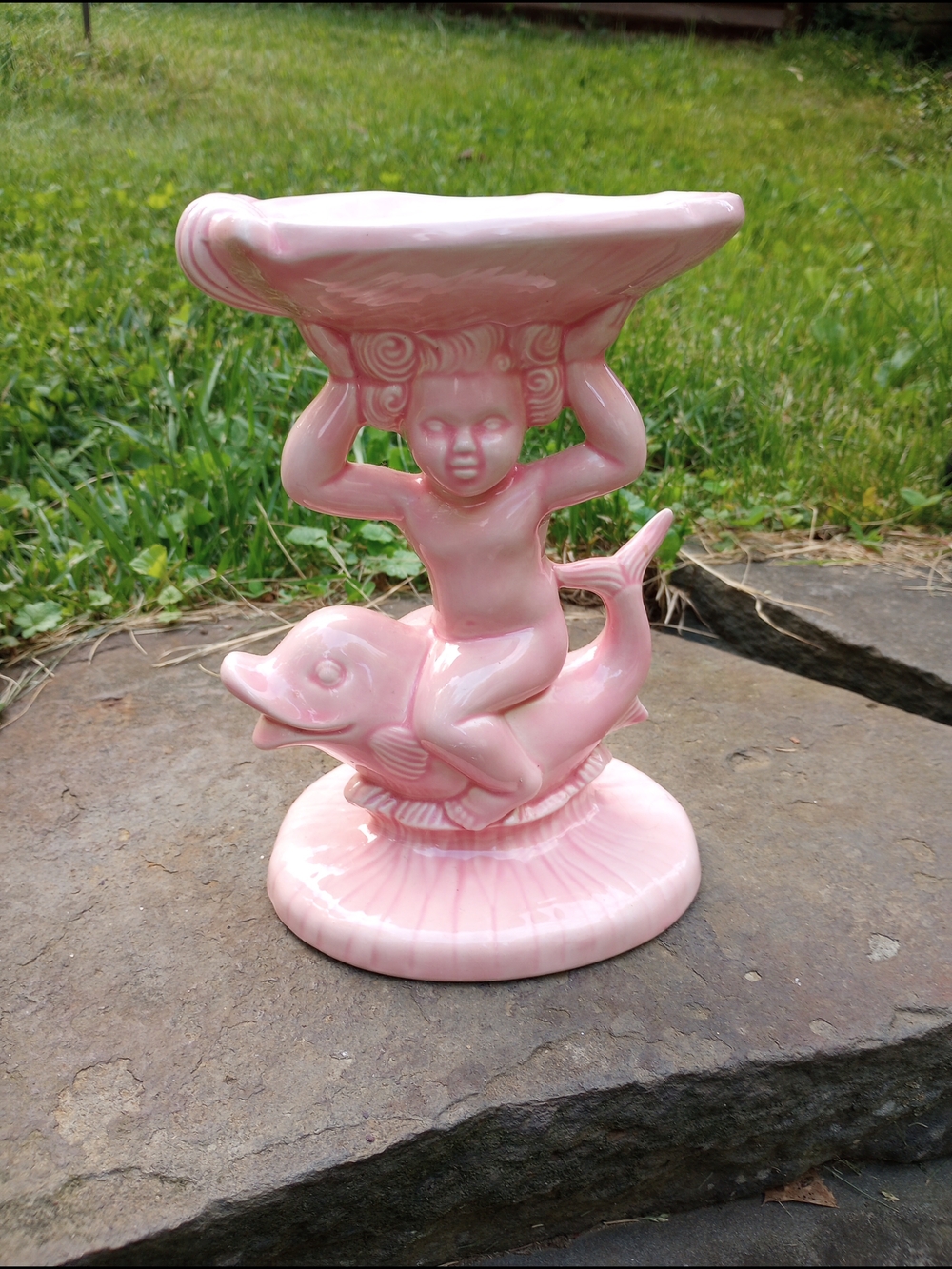 Pink Ceramic Cherub-on-Dolphin Pedestal Bowl